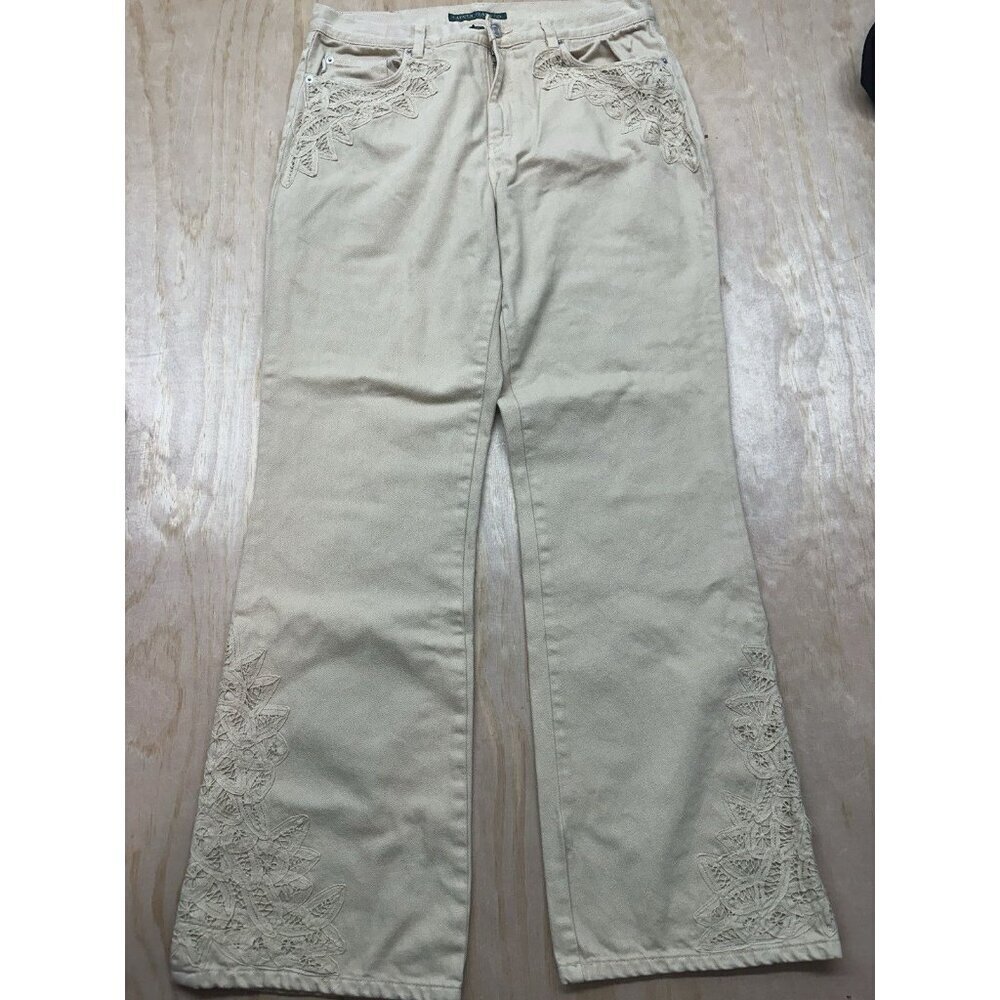 Lauren Jeans Co Womens Embroidered Denim 12 Vtg Y2K Cream Cowgirl Pants Western
